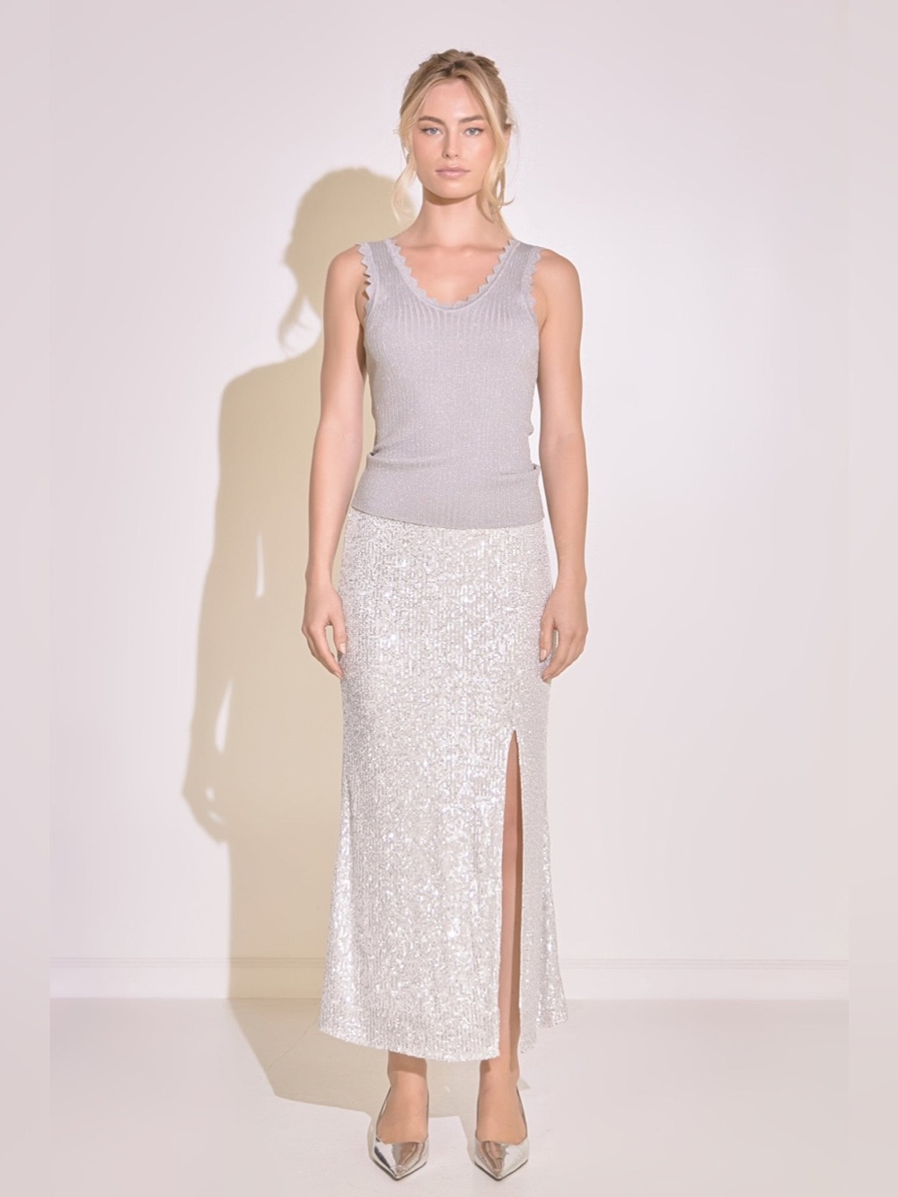 Endless Rose Silver Sequin Maxi Skirt with Front Slit